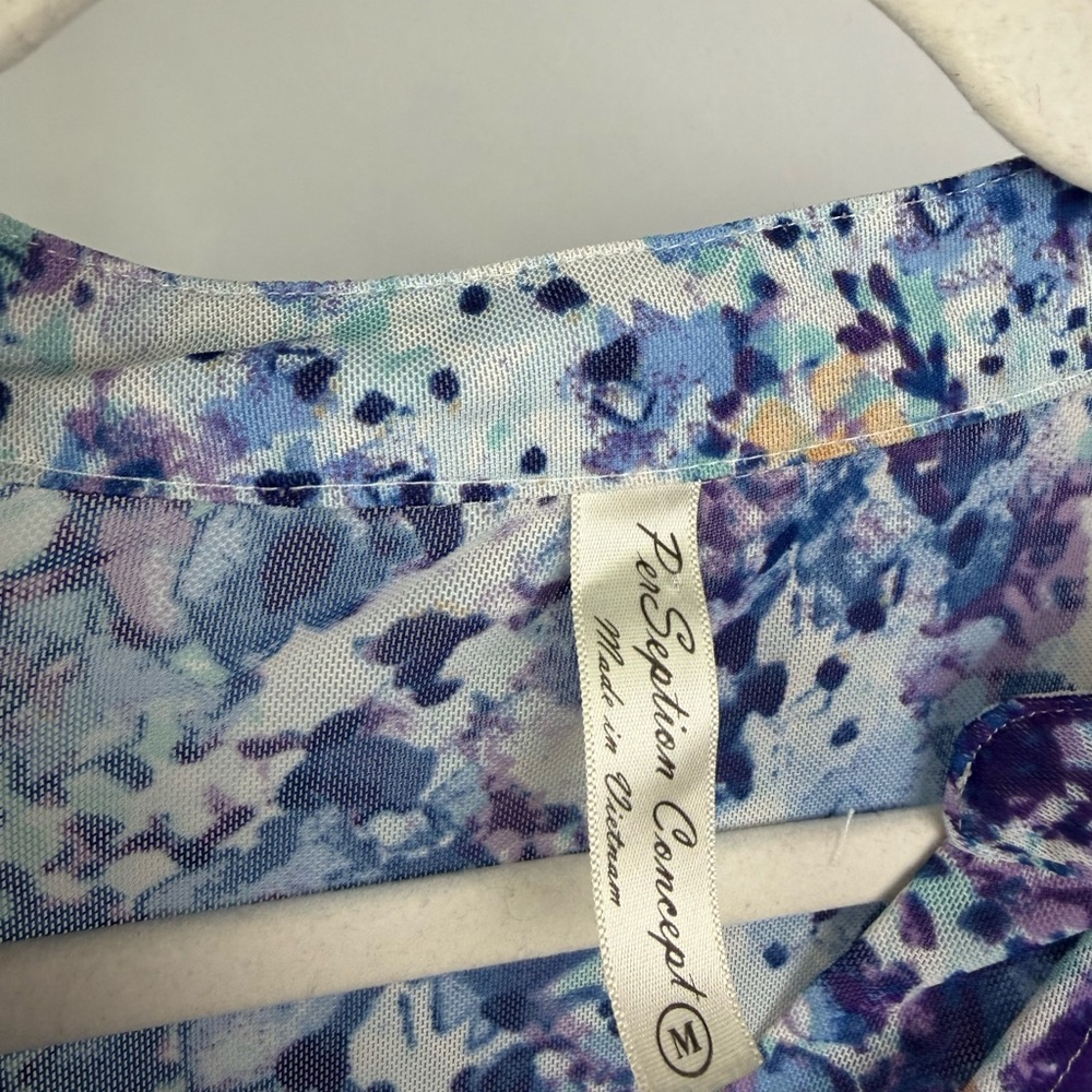 Per Seption Concept Blue Purple Floral Blouse 3/4 Sleeve Lightweight Top M - Picture 6 of 9